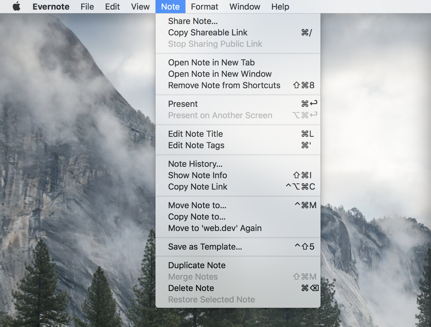 The menu bar for Evernote, showing the Note submenu