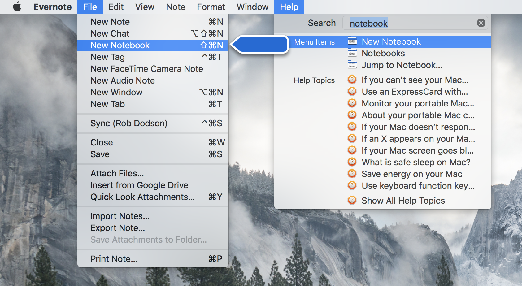 Using Evernote's Help menu to find the New Notebook command