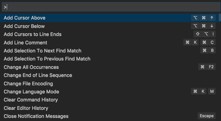 Visual Studio Code's command palette showing a list of commands