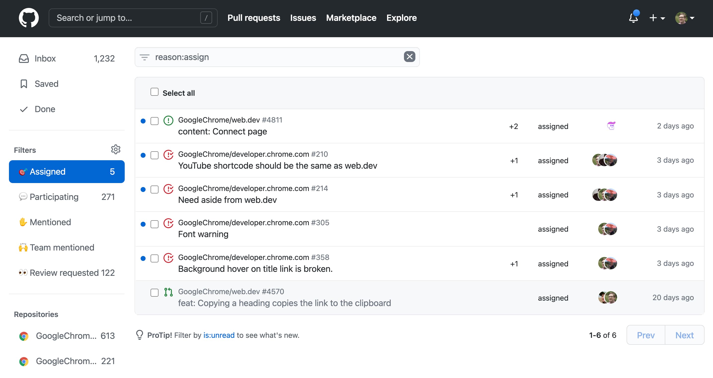 A dashboard showing six GitHub issues assigned to me.